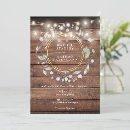 String Lights Rustic Barn Wood Greenerity Wedding Einladung (Stehend Vorderseite)