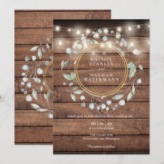 String Lights Rustic Barn Wood Greenerity Wedding Einladung (Vorne/Hinten)
