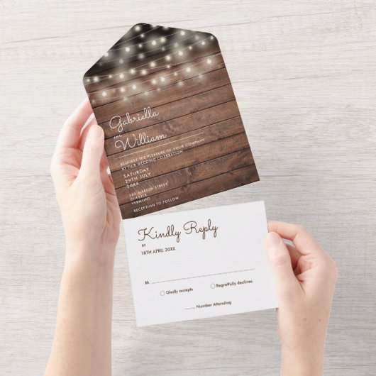 String Lights Rustic Barn Wood Monogram Wedding All In One Einladung (Abreißen)