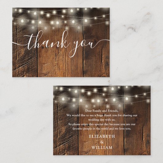 String Lights Rustic Barn Wood Wedding Vielen Dank Platzkarte (Vorne/Hinten)