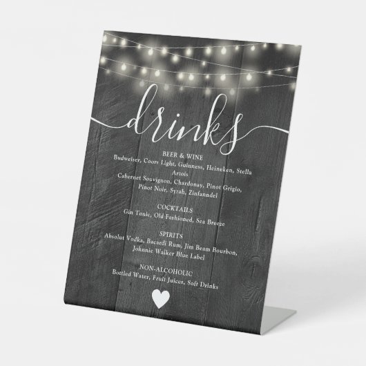 String Lights Rustic Black Barn Wood Drinks Menü Sockelschild (Vorderseite)