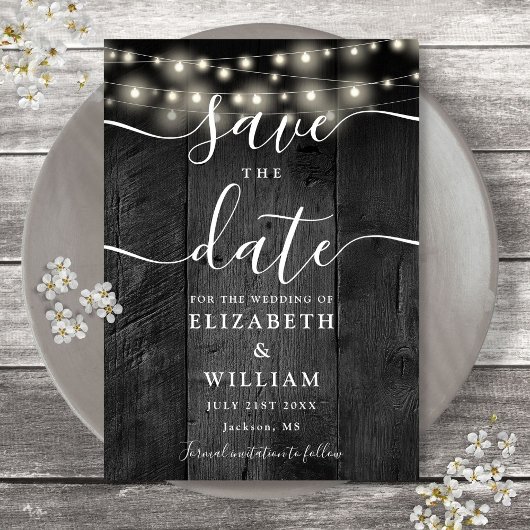 String Lights Rustic Black Wood Barn Boho Hochzeit Save The Date