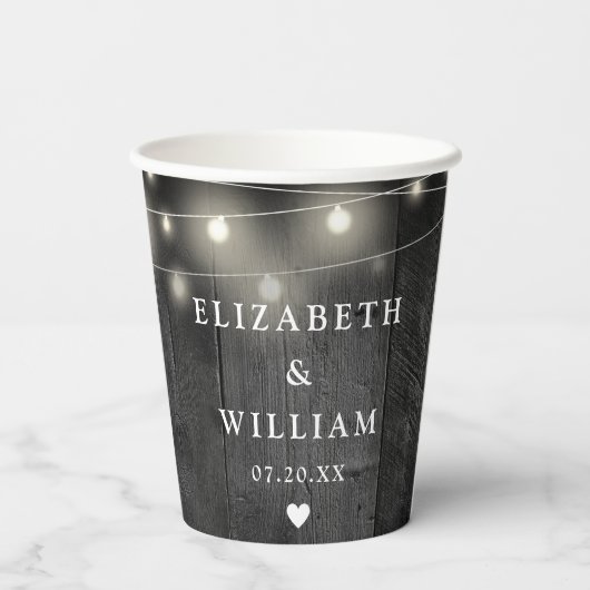 String Lights Rustic Black Wood Boho Barn Wedding Pappbecher (Rückseite)