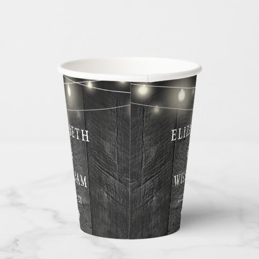 String Lights Rustic Black Wood Boho Barn Wedding Pappbecher (Rechts)