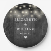 String Lights Rustic Black Wood Boho Barn Wedding Pappteller (Vorderseite)