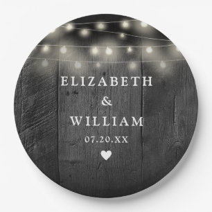 String Lights Rustic Black Wood Boho Barn Wedding Pappteller