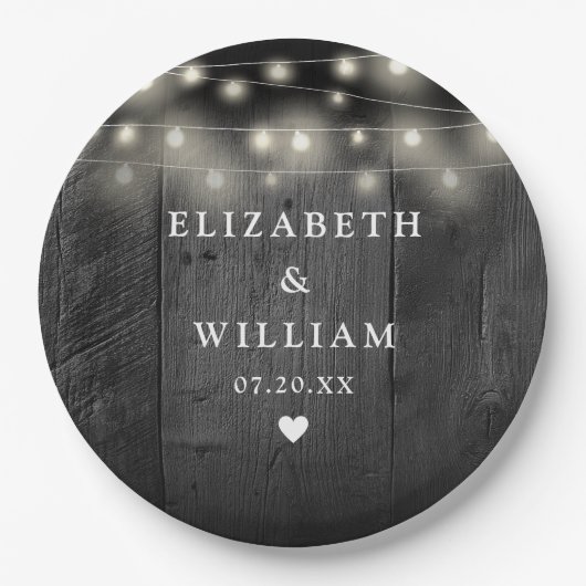 String Lights Rustic Black Wood Boho Barn Wedding Pappteller (Vorderseite)