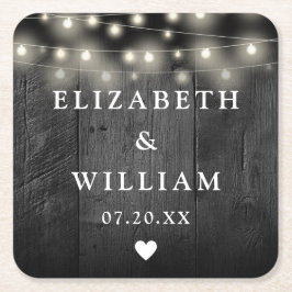 String Lights Rustic Black Wood Boho Barn Wedding Rechteckiger Pappuntersetzer