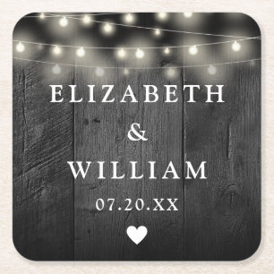 String Lights Rustic Black Wood Boho Barn Wedding Rechteckiger Pappuntersetzer