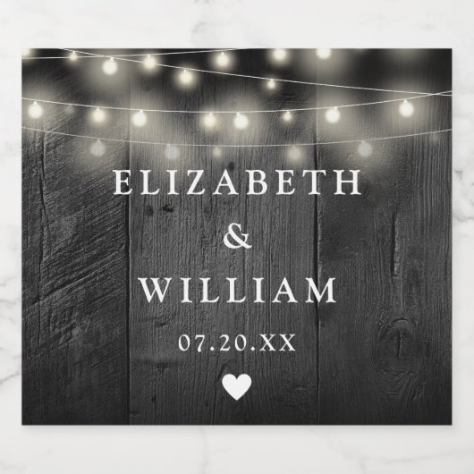 String Lights Rustic Black Wood Boho Barn Wedding Schaumweinetikett (Einzelnes Label)