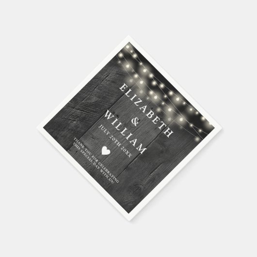 String Lights Rustic Black Wood Boho Barn Wedding Serviette (Ecke)