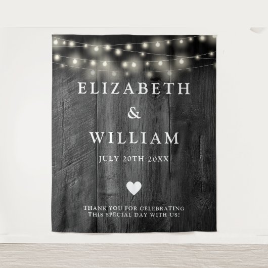 String Lights Rustic Black Wood Foto Background Wandteppich (Vorderseite)