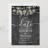String Lights Rustic Black Wood Foto Wedding Save The Date (Vorderseite)
