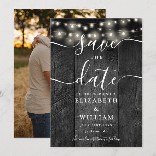 String Lights Rustic Black Wood Foto Wedding Save The Date (Vorne/Hinten)