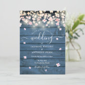 String Lights Rustic Blue Wood Blossom Hochzeit Einladung (Stehend Vorderseite)
