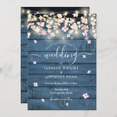 String Lights Rustic Blue Wood Blossom Hochzeit Einladung (Vorne/Hinten)