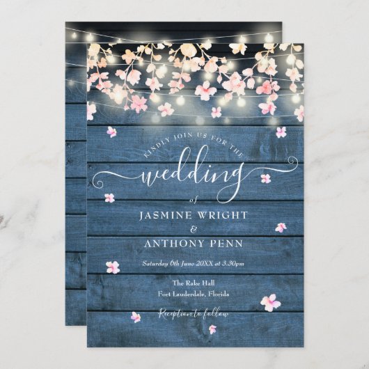 String Lights Rustic Blue Wood Blossom Hochzeit Einladung (Vorne/Hinten)