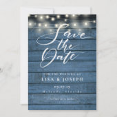 String Lights Rustic Blue Wood Foto Wedding Save The Date (Vorderseite)