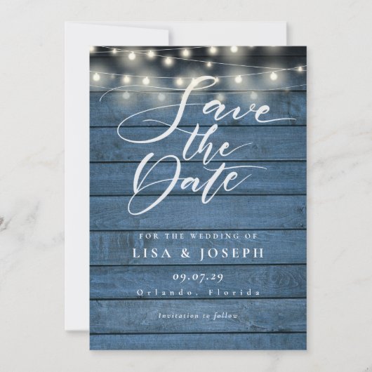 String Lights Rustic Blue Wood Foto Wedding Save The Date (Vorderseite)