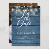 String Lights Rustic Blue Wood Foto Wedding Save The Date (Vorne/Hinten)