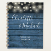 String Lights Rustic Blue Wood Script Wedding Planer (Vorderseite)