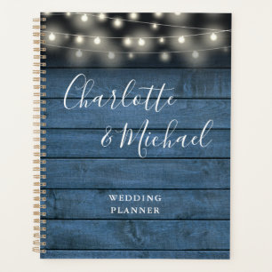 String Lights Rustic Blue Wood Script Wedding Planer