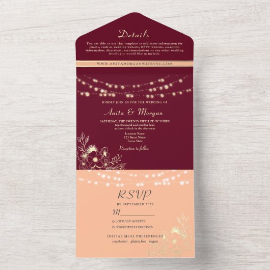 String Lights Rustic Burgundy Peach Wedding All In One Einladung (Innen Boden)