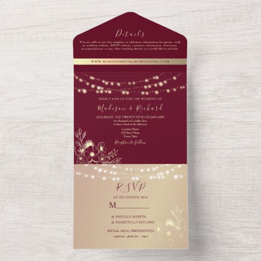 String Lights Rustic Burgundy Wedding All In One Einladung (Innen Boden)