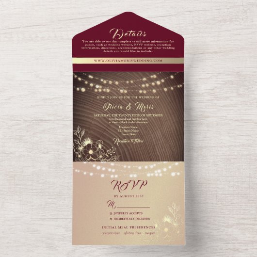 String Lights Rustic Burgundy Wedding All In One Einladung (Innen Boden)