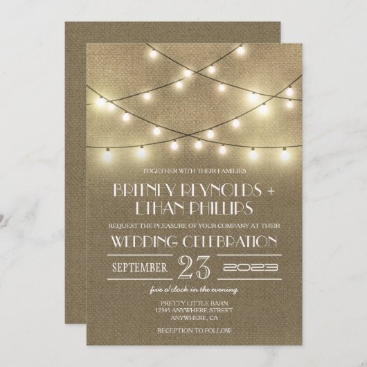 String Lights + Rustic Burlap Wedding Einladungen (Vorne/Hinten)