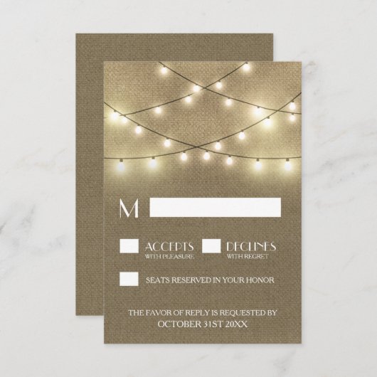 String Lights + Rustic Burlap Wedding RSVP Cards (Vorne/Hinten)