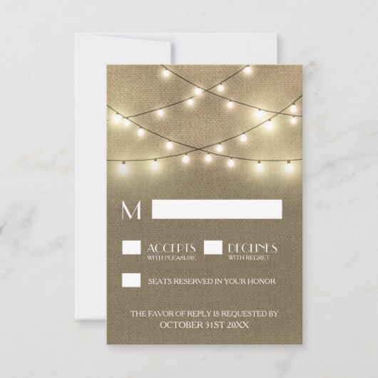 String Lights + Rustic Burlap Wedding RSVP Cards Karte (Vorderseite)