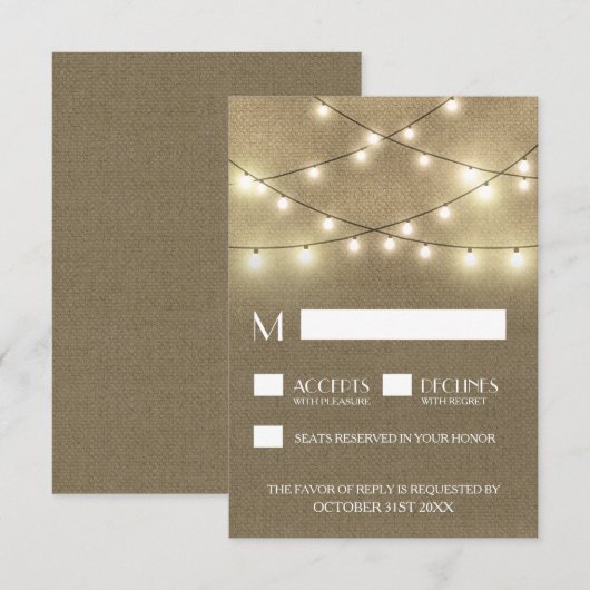 String Lights + Rustic Burlap Wedding RSVP Cards Karte (Vorne/Hinten)