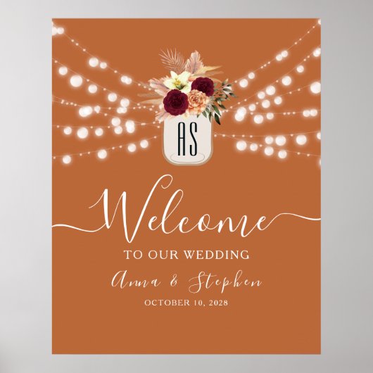 String Lights Rustic Burnt Orange Wedding Willkomm Poster (Vorne)