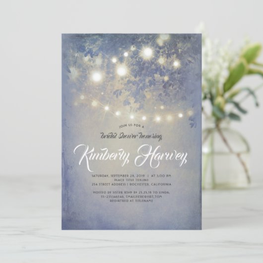 String Lights Rustic Dusty Blue Brautparty Einladung (Stehend Vorderseite)