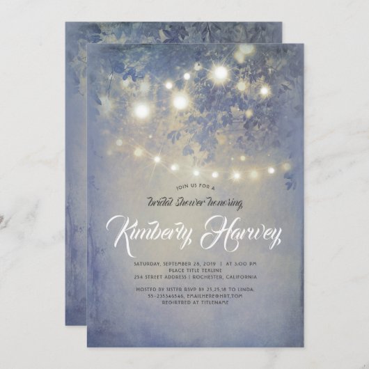 String Lights Rustic Dusty Blue Brautparty Einladung (Vorne/Hinten)