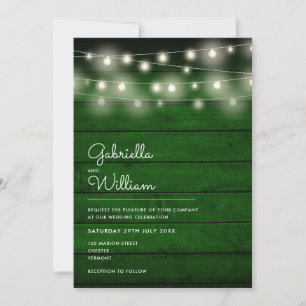 String Lights Rustic Green Wood Wedding Einladung