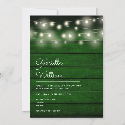 String Lights Rustic Green Wood Wedding Einladung (Vorderseite)