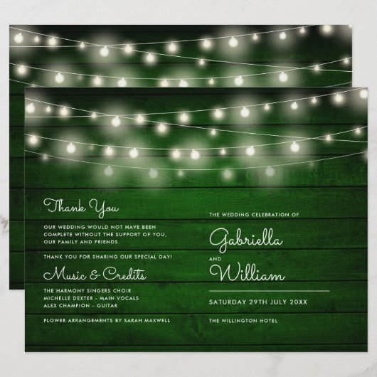 String Lights Rustic Green Wood Wedding Program (Vorne/Hinten)