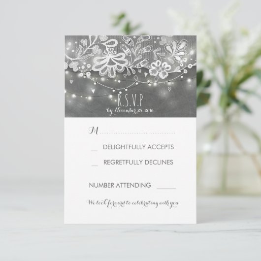 String Lights Rustic Lace Chalk Wedding RSVP Card (Stehend Vorderseite)