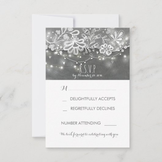 String Lights Rustic Lace Chalk Wedding RSVP Card Karte (Vorderseite)