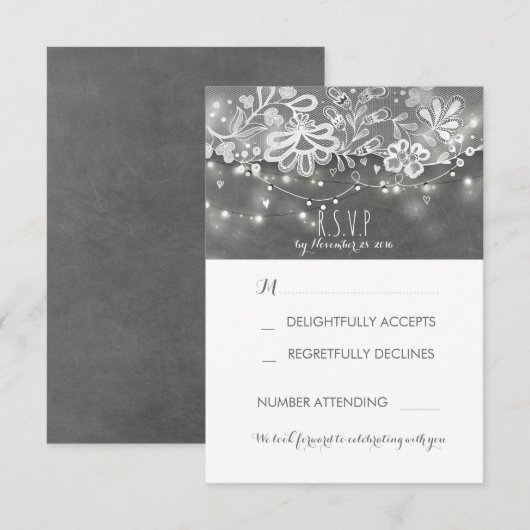 String Lights Rustic Lace Chalk Wedding RSVP Card Karte (Vorne/Hinten)