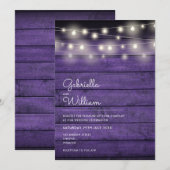 String Lights Rustic Lila Wood Wedding Einladung (Vorne/Hinten)