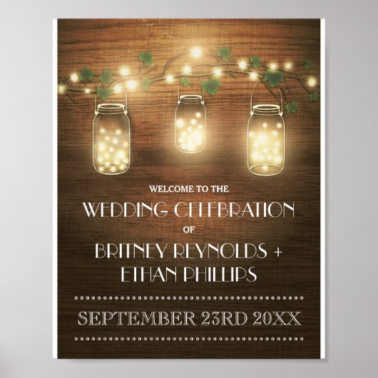 String Lights Rustic Mason Jar Wedding Willkommen Poster (Vorne)