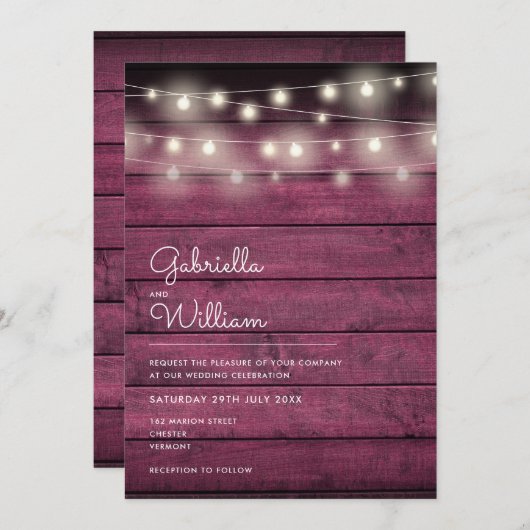 String Lights Rustic Red Wood Wedding Einladung (Vorne/Hinten)