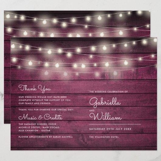 String Lights Rustic Red Wood Wedding Program (Vorne/Hinten)