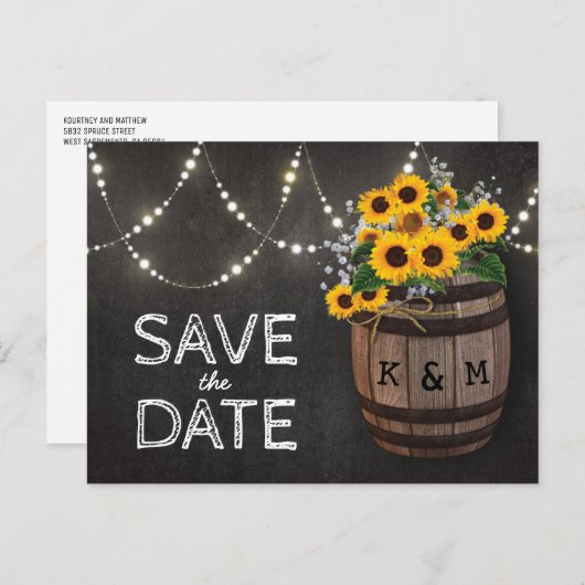 String Lights Rustic Sunflower Save the Date Ankündigungspostkarte (Vorne/Hinten)