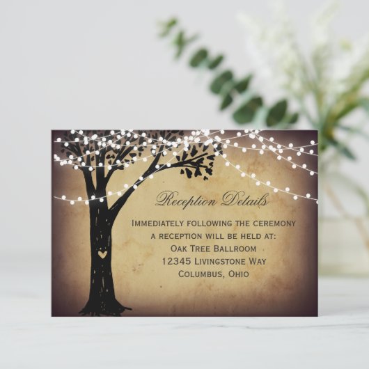 String Lights Rustic Tree Wedding Reception Card Begleitkarte (Stehend Vorderseite)