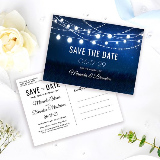 String Lights Rustic Wedding Save the Date Ankündigungspostkarte