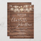 String Lights Rustic Wood Baptisse Christening Einladung (Vorne/Hinten)